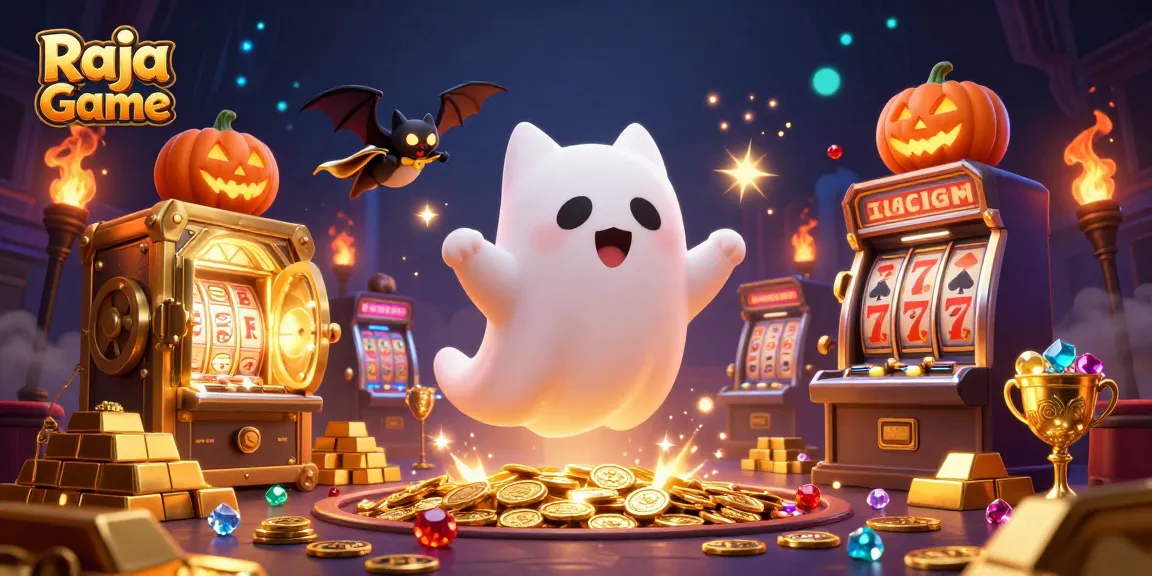 Raja Game engages players with a vibrant casino scene featuring a ghost cat and treasures.