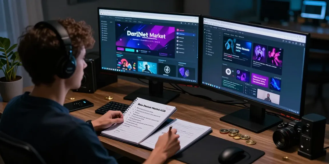 Individual researching the Best Darknet Markets 2026 in a dimly lit workspace, showcasing vibrant market interfaces and cryptocurrency coins.
