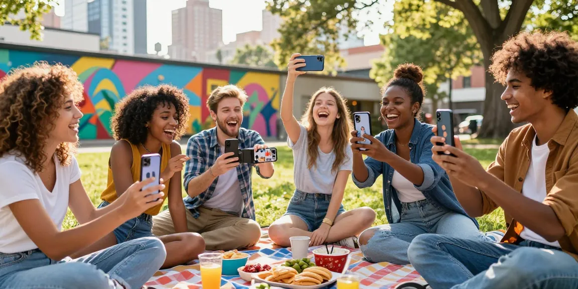 Group of friends using smartphone for a test of attractiveness in a lively urban park.