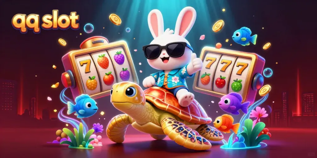 Experience the thrill of qq slot with a joyful rabbit and turtle in a vibrant casino scene.