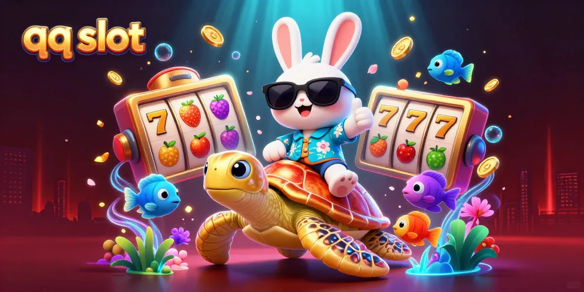 Experience the thrill of qq slot with a joyful rabbit and turtle in a vibrant casino scene.