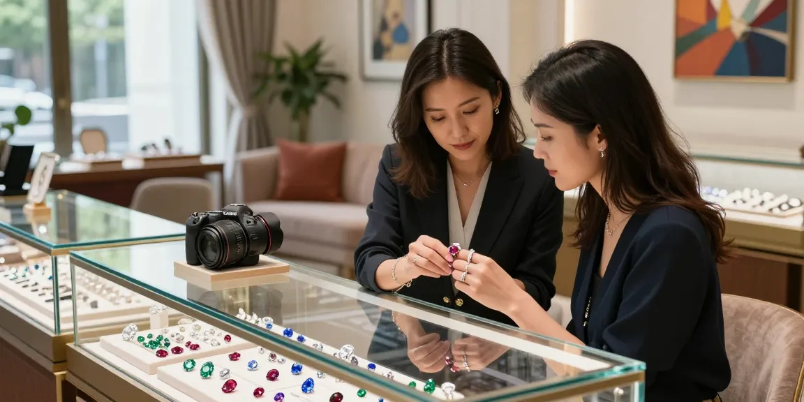 Shop for stunning gemstones at https://www.mygemspot.com in a luxurious showroom with elegant displays.