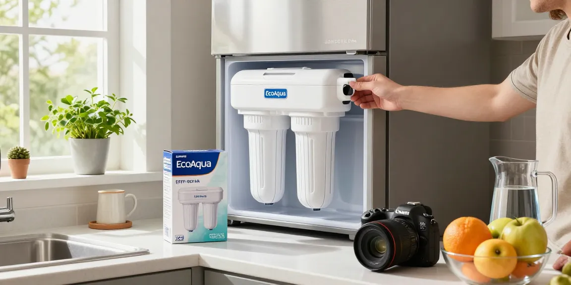 EcoAqua EFF-6011A Refrigerator Water Filter installation in a bright kitchen showcases easy replacement for cleaner water.