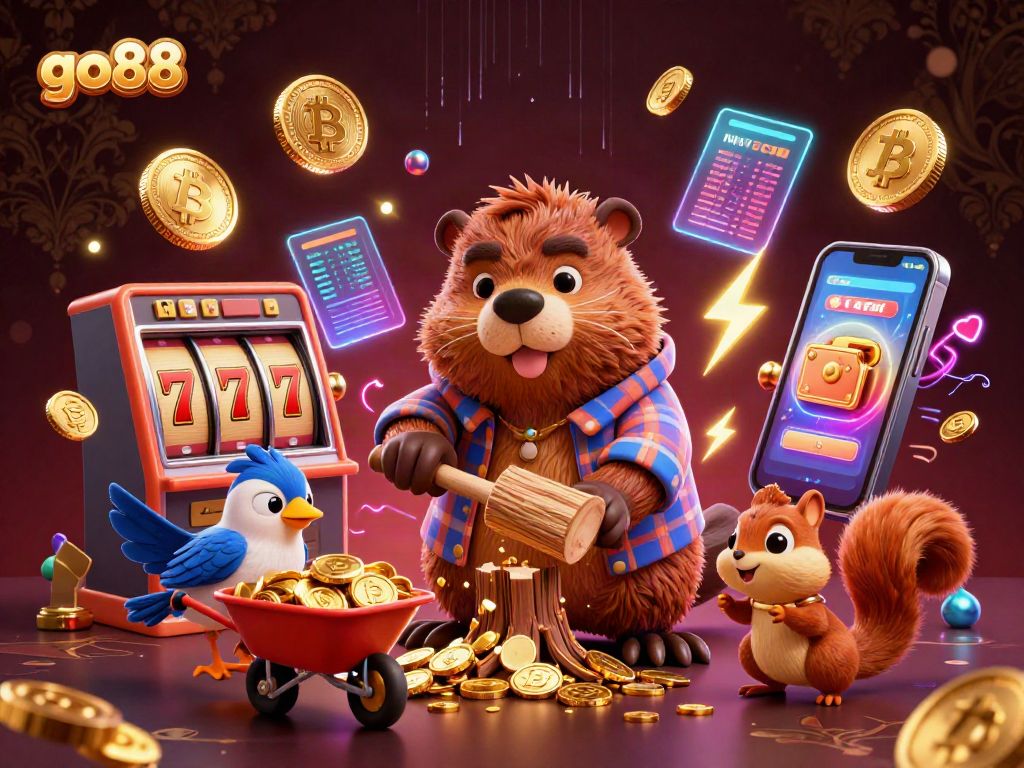 Play and win with go88 as a vibrant 3D casino scene featuring lively characters and gold coins.