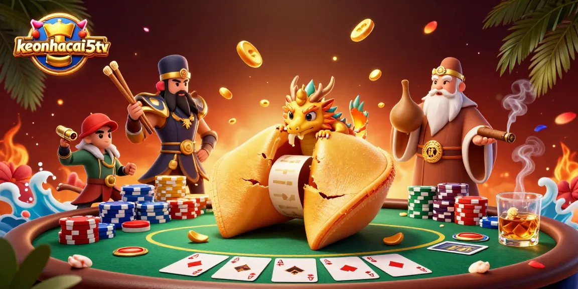 Engage with keonhacai5tv's dynamic casino action featuring golden fortune cookies and vibrant poker scenes.