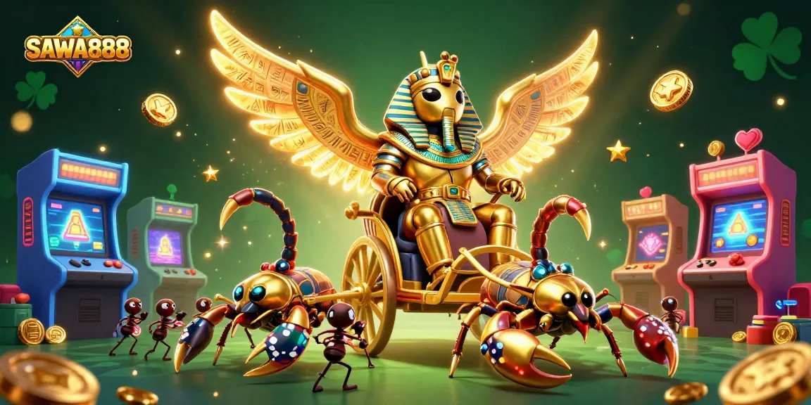 Engage with SAWA888 as the colossal scarab beetle and scorpions symbolize dynamic online casino adventures.