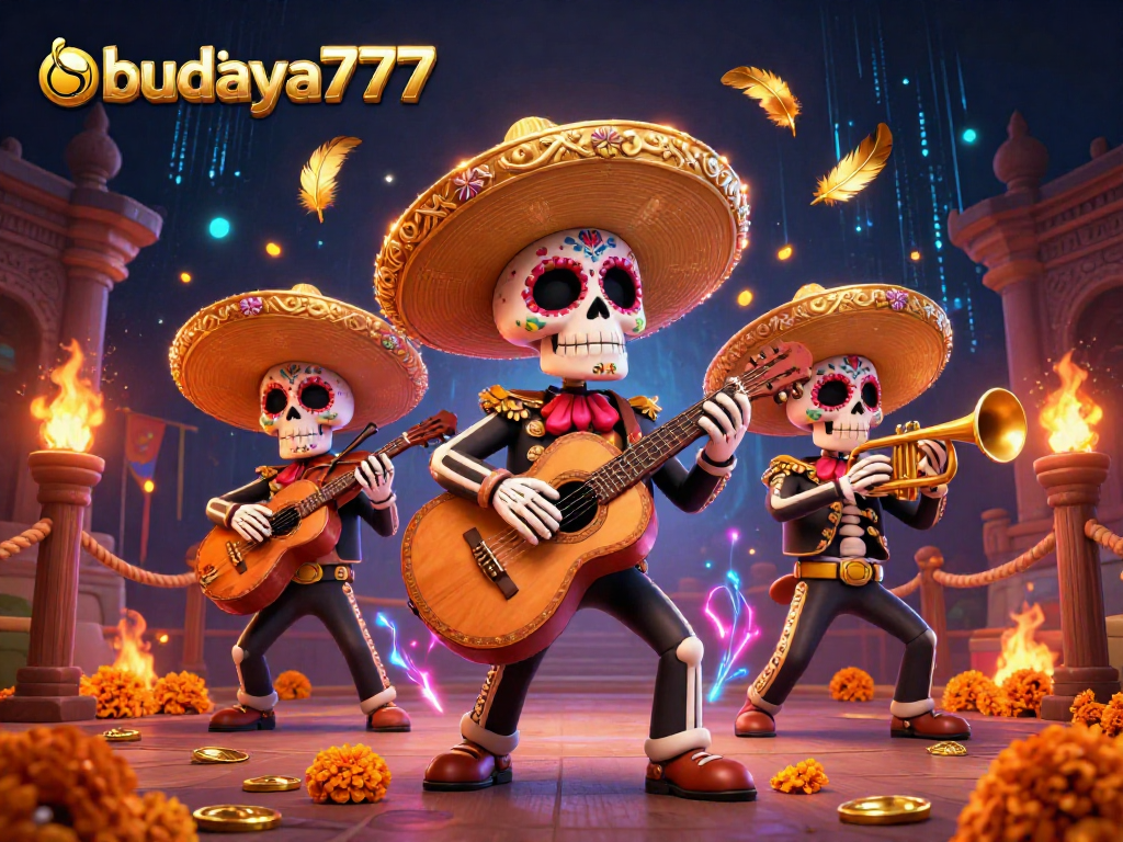 Budaya777 menawarkan permainan kasino yang menarik dengan karakter kerangka mariachi yang penuh warna dan elemen judi berwarna emas.