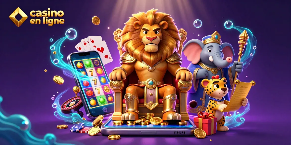 Participez à une action palpitante dans ce casino en ligne avec un roi lion royal et des éléments de jeu.