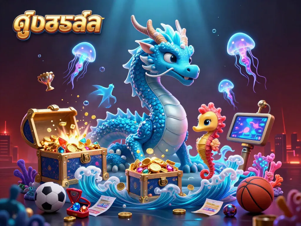 Experience thrilling live football with ดูบอลสด, featuring vibrant 3D illustrations of ocean creatures amid sports elements.