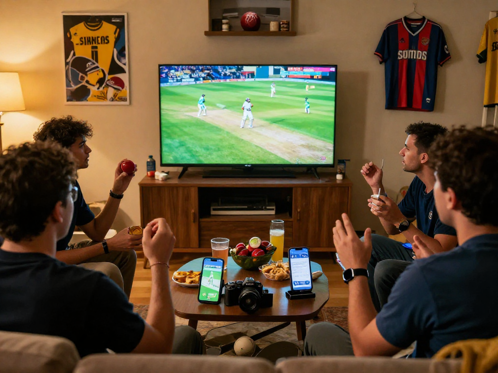 Excited fans watching live cricket match on Cricfy TV APK in a cozy living room.