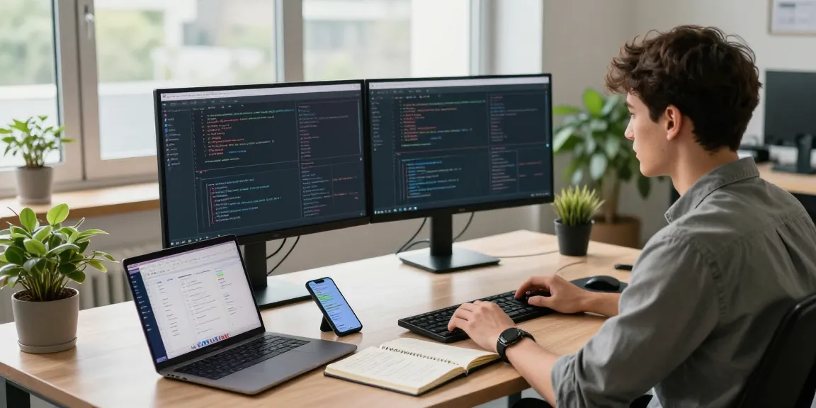 Workspace with developer coding Telegram app, showcasing 纸飞机中文版 interface and modern office environment.