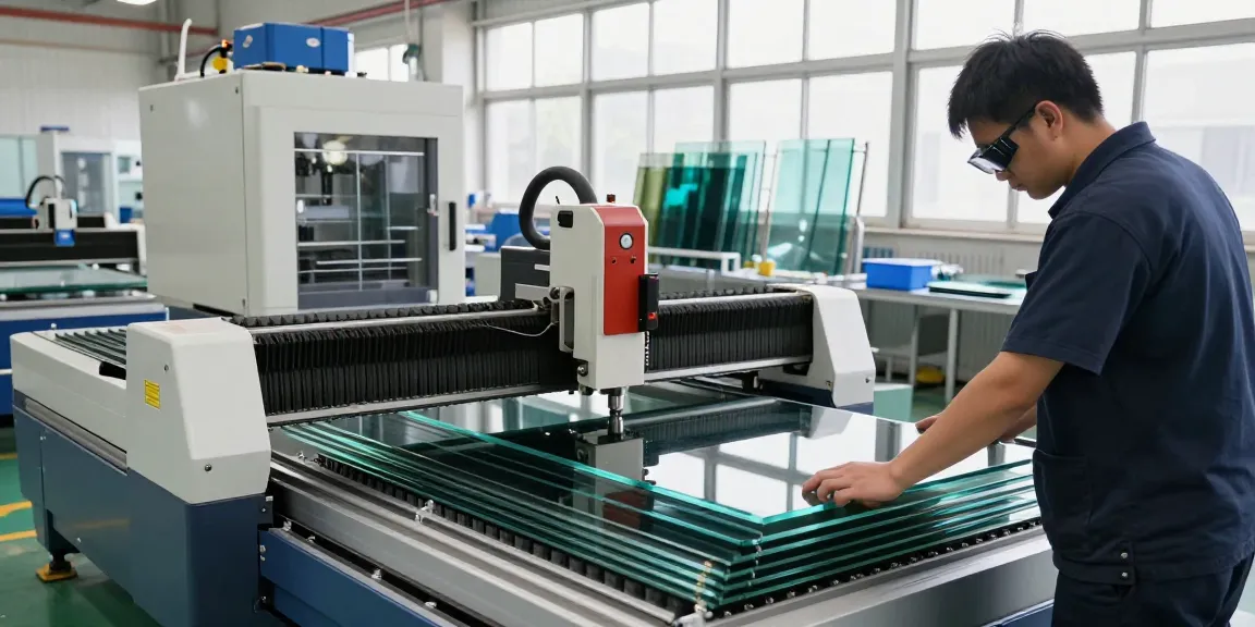 Technician using a glass cutting machine in a high-tech glass processing facility, showcasing precision and action.