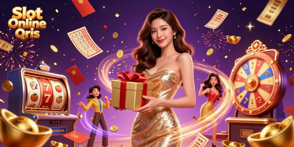 Experience thrilling Slot Online Qris action as golden coins rain from a festive casino scene.