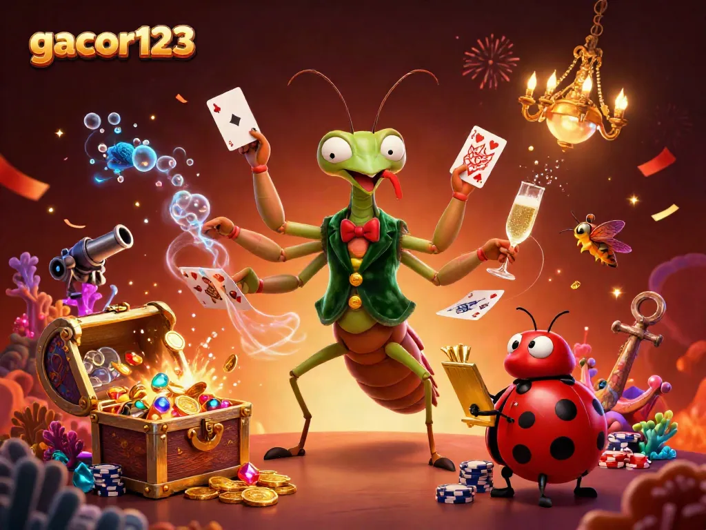 Gacor123 showcases a playful giant praying mantis dealer and ladybug pit boss amid a lively casino scene.