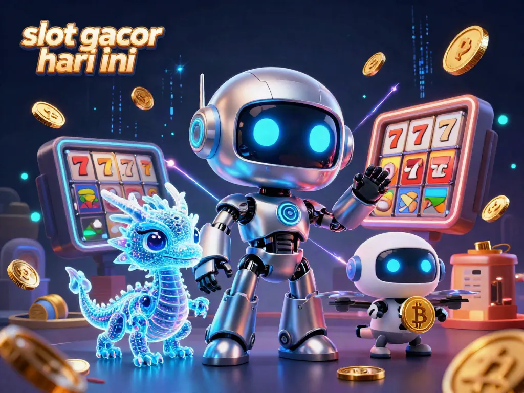 Slot gacor hari ini: ilustrasi kasino digital 3D menampilkan robot cyberpunk dan elemen slot.