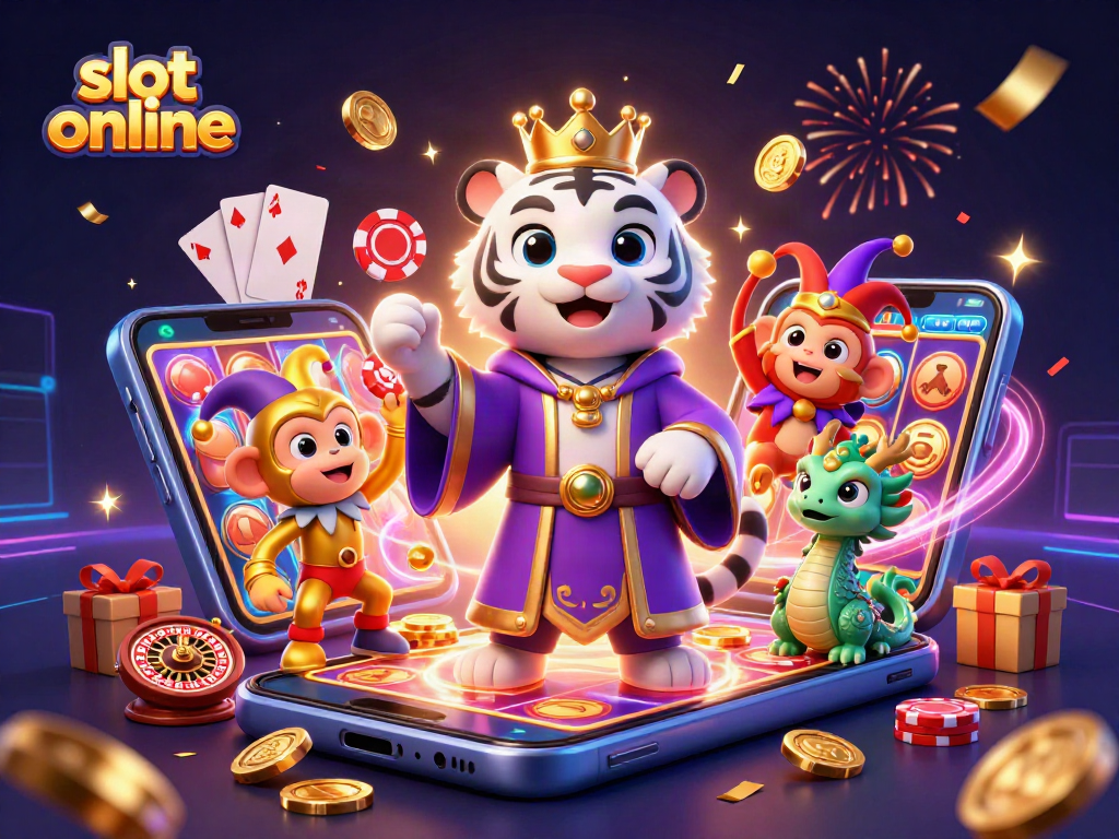 Engage in exciting slot online adventures with a colorful 3D scene of casino characters and gaming elements.