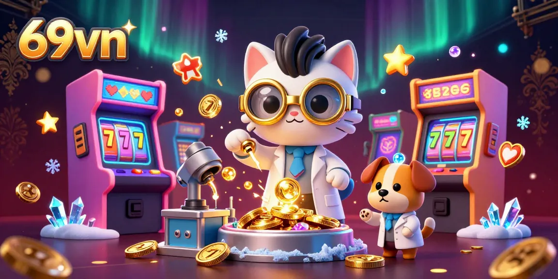 Experience exciting gaming with 69vn's vibrant 3D illustration of casino delights and characters.