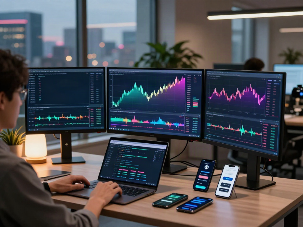 Futures API trading setup showcasing real-time cryptocurrency data analysis with advanced charts and digital wallets in a modern office.
