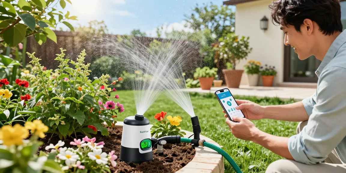 Rainpoint automatic watering system in action, homeowner adjusting settings in vibrant garden