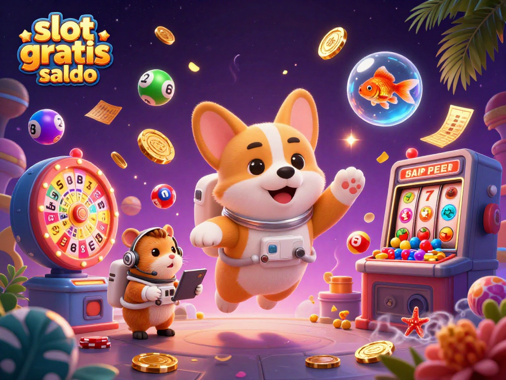 Experience thrilling gameplay with slot gratis saldo while a 3D cartoon corgi astronaut floats in a vibrant casino.
