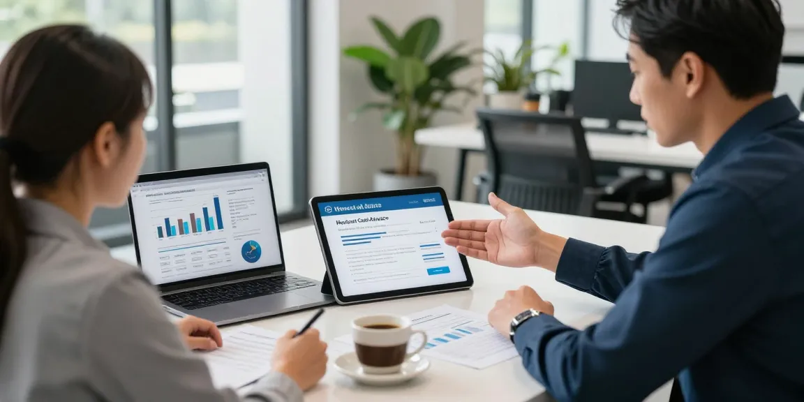Financial advisor showing merchant cash advance bad credit options to a client in a professional workspace.