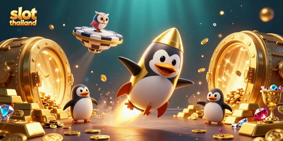 Experience slots in Thailand with the exciting penguin character navigating through a galaxy of gold and casino treasures.