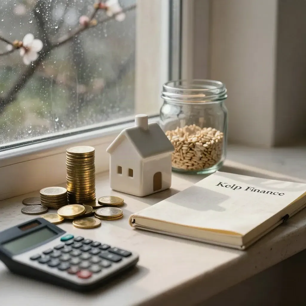 Brass coin tower, ceramic house, savings jar and notebook by a rainy window in warm morning light.