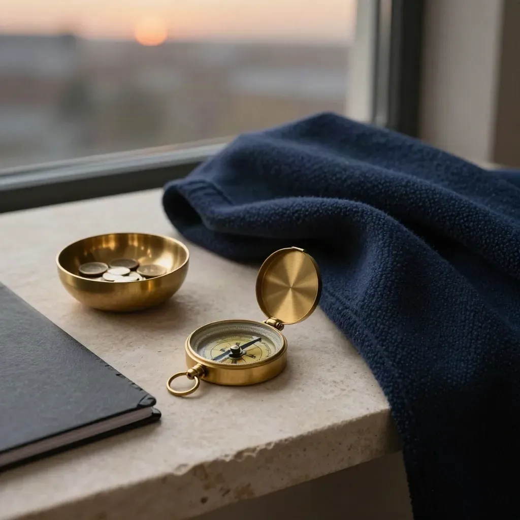 Brass compass, coin bowl, and closed folder on a stone side table with a deep navy wool throw.
