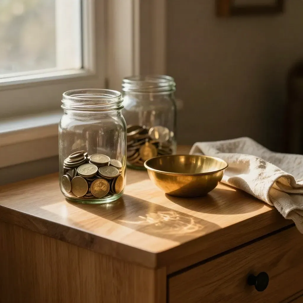 Glass savings jar, brass bowl and linen cloth on a sunlit oak sideboard.