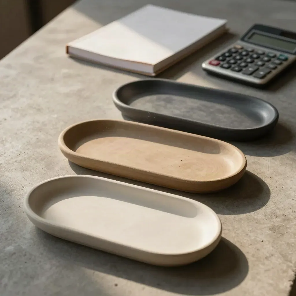 Ceramic cash-flow trays, closed ledger notebook, and calculator on concrete in soft daylight.