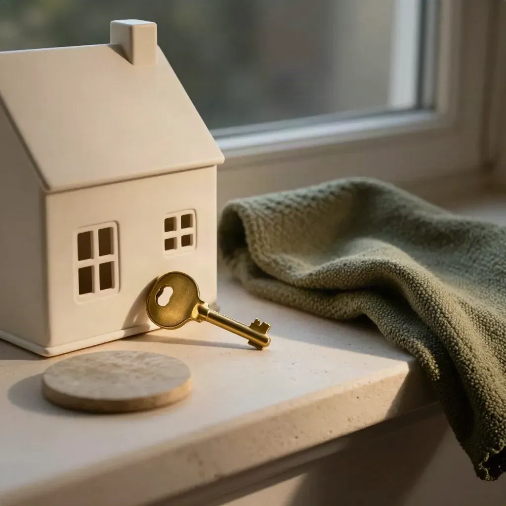 Matte house model, brass key, stone coaster, and wool cloth on a pale stone sill