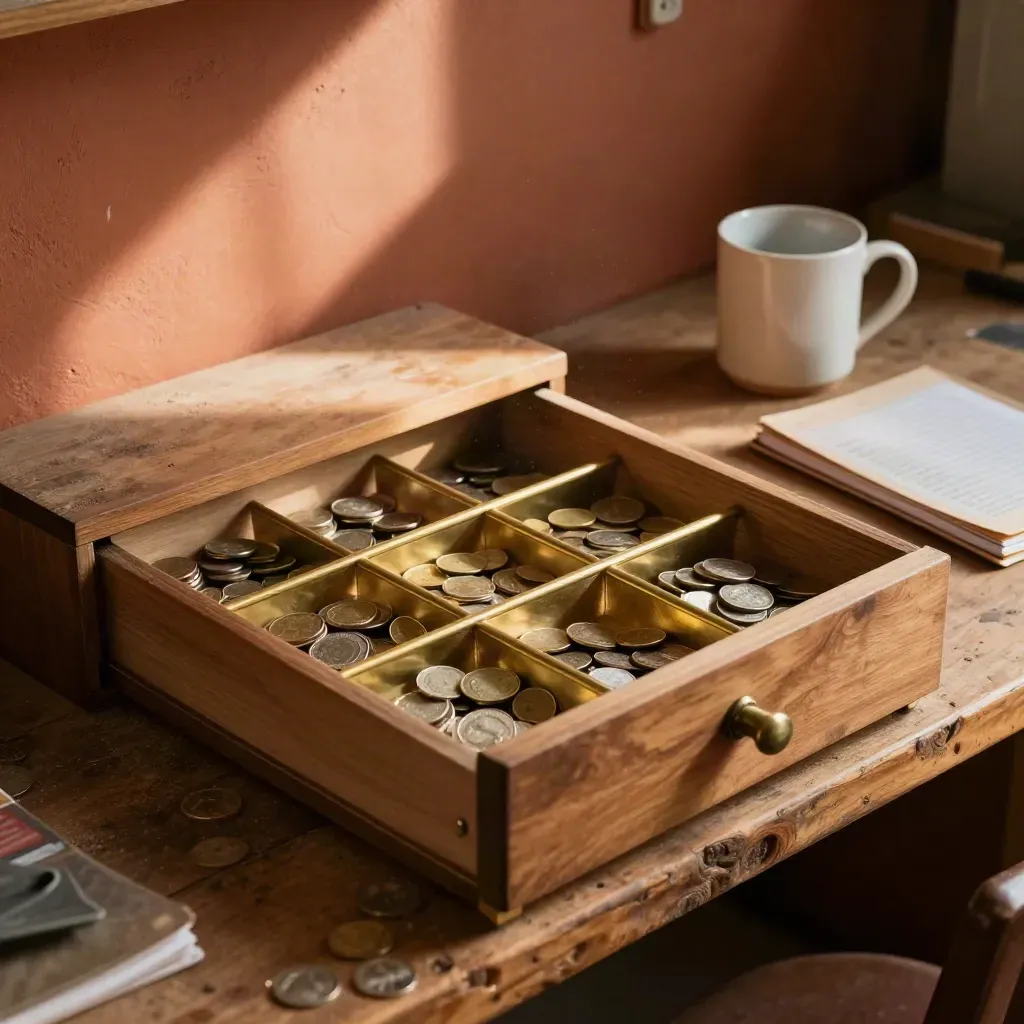 Cash drawer insert on a workshop bench with coins, a booklet, and a mug in moody light.