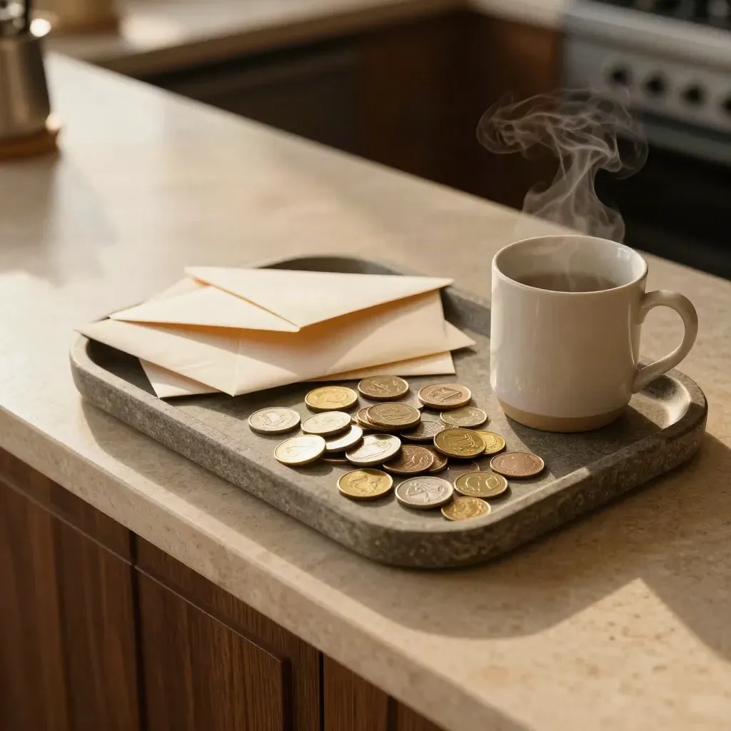 Coins, blank envelopes, and a steaming mug on a pale stone counter.