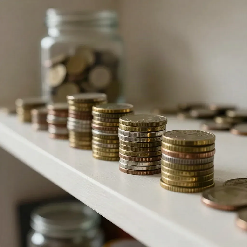 Coin stacks step across a plaster shelf, with one moved forward in the sequence.