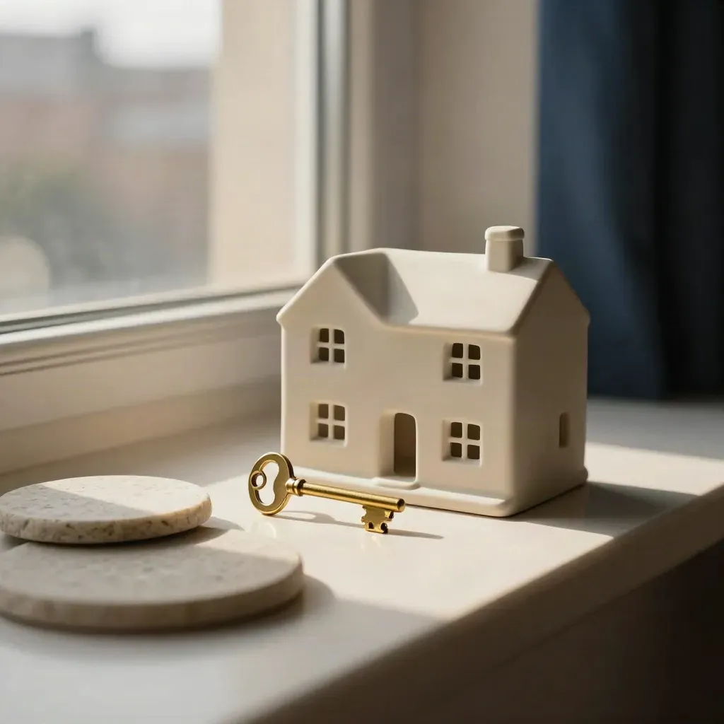 Matte house model and brass key on a pale windowsill with stone coasters