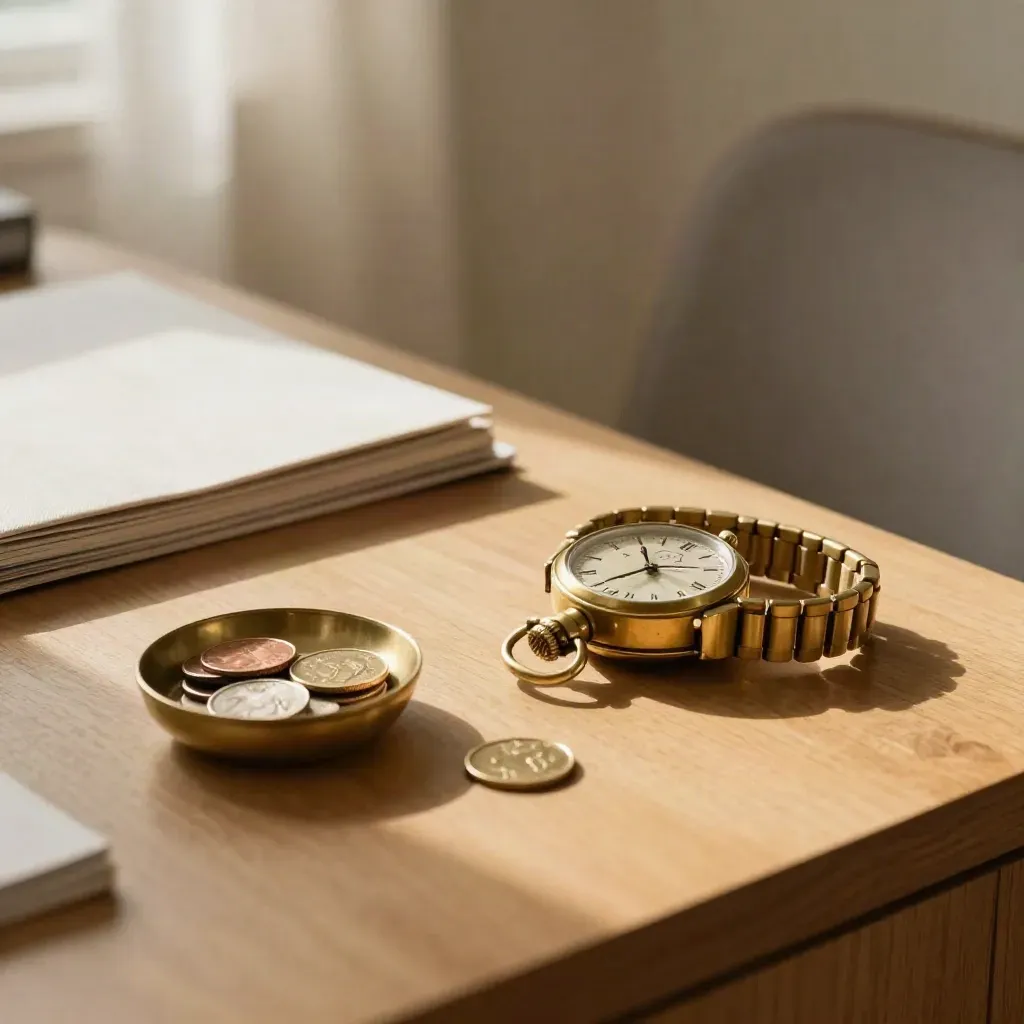 Brass watch, coin bowl, and cloth folder on an oak desk in soft window light.