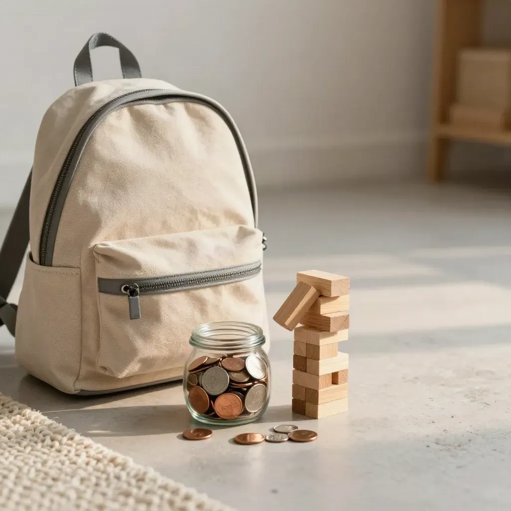Backpack, coin jar and rising blocks on a pale study floor in soft afternoon light.