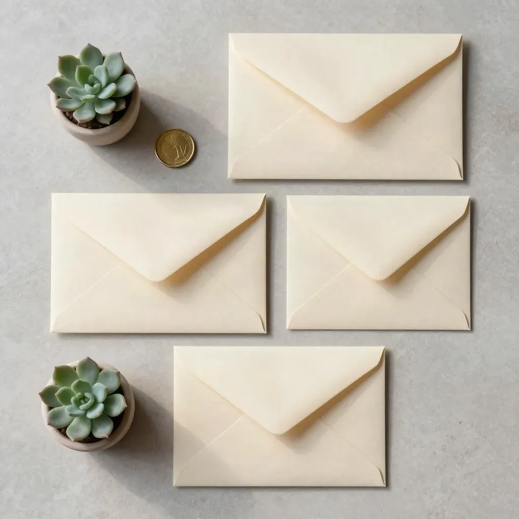 Overhead flatlay of cream envelopes, brass coin, and tiny succulent on pale stone