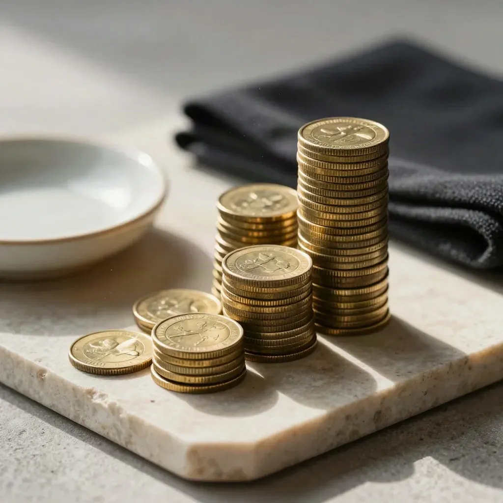 Brass coin stacks with ceramic dish and charcoal cloth on a limestone tray