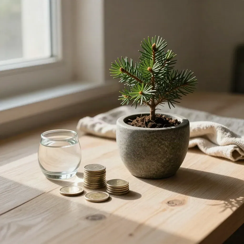 Evergreen seedling in stone pot beside coin stacks and a glass paperweight on pale wood.