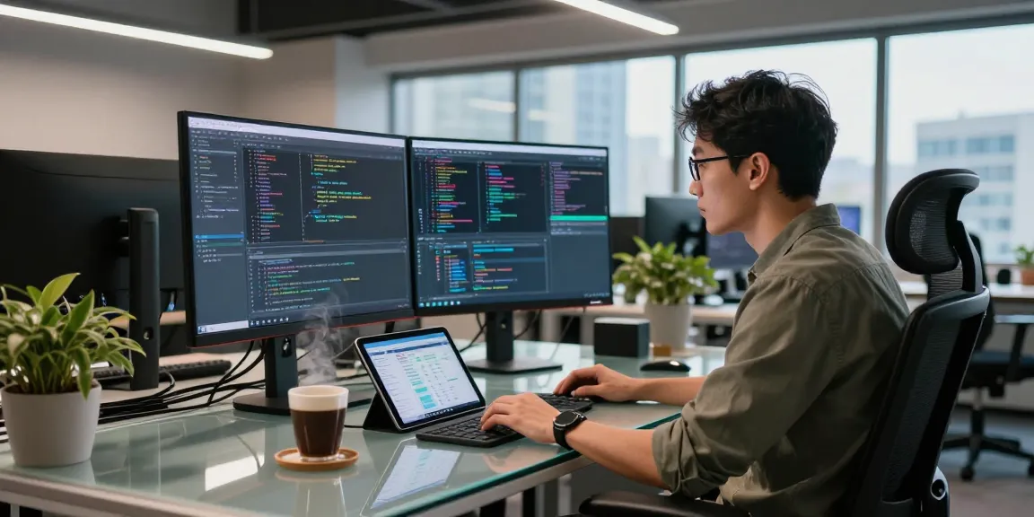 Software engineer coding at a dynamic tech workspace featuring teiegramin.com on a screen, showcasing modern development