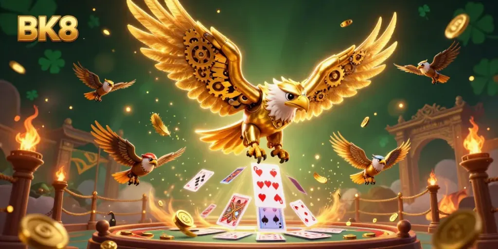 Experience the thrill of BK8 with a 3D cybernetic golden eagle amidst dynamic casino action.