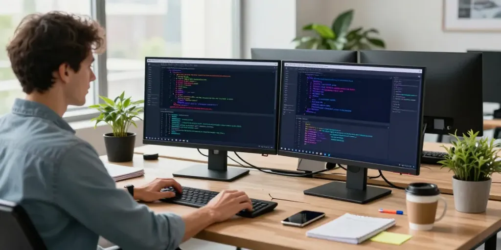 Developer coding in a bright office setting showcasing h5.2113.net open-source Android apps.