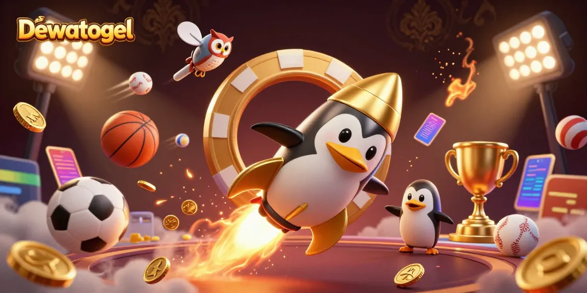 Engage with Dewatogel's thrilling world of online gambling featuring a golden penguin and dynamic sports elements.