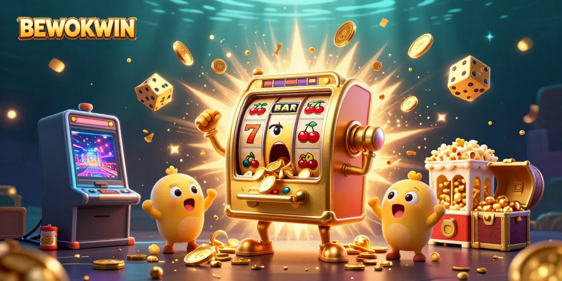 BEWOKWIN menghibur pemain dengan jackpot yang mengejutkan dari mesin slot emas dalam ilustrasi 3D penuh detail.
