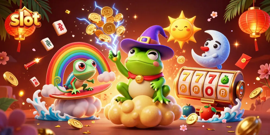 Win big with slots as a 3D wizard frog creates golden coin storms in this vibrant casino artwork