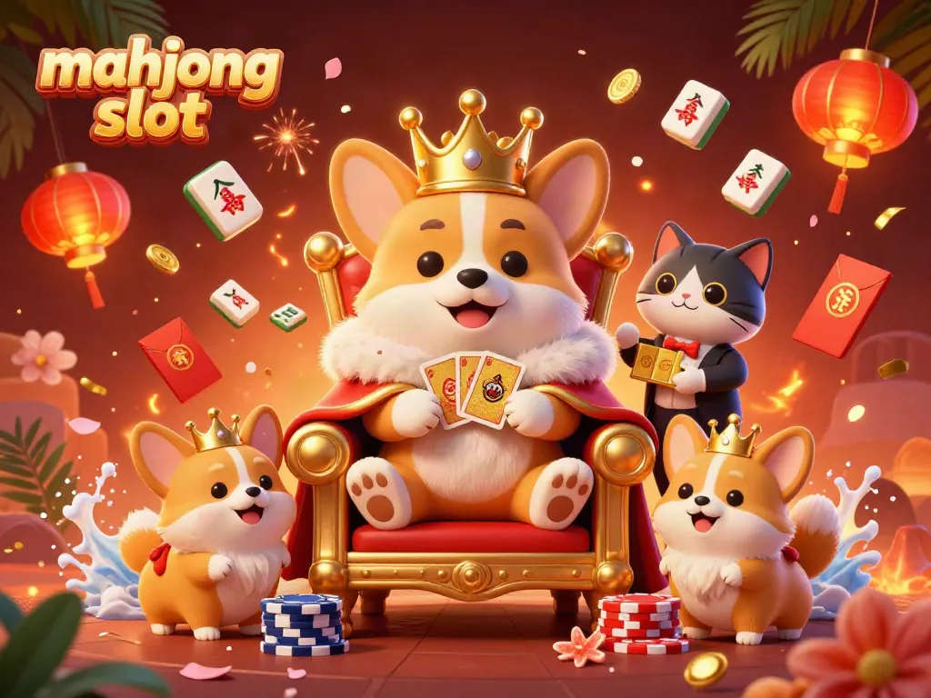 Watch the majestic royal corgi reign over the mahjong slot game with floating tiles, lucky envelopes, and festive lanterns.