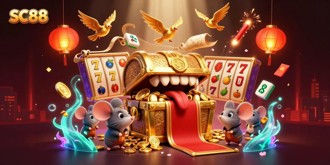 Play thrilling games at SC88 Casino, with an exciting treasure chest and vibrant casino elements.
