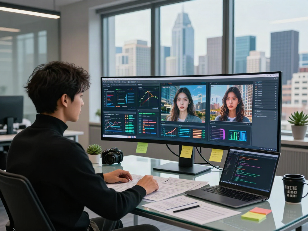AI-Generated Image Detection analysis in a modern workspace with digital displays and technical documentation