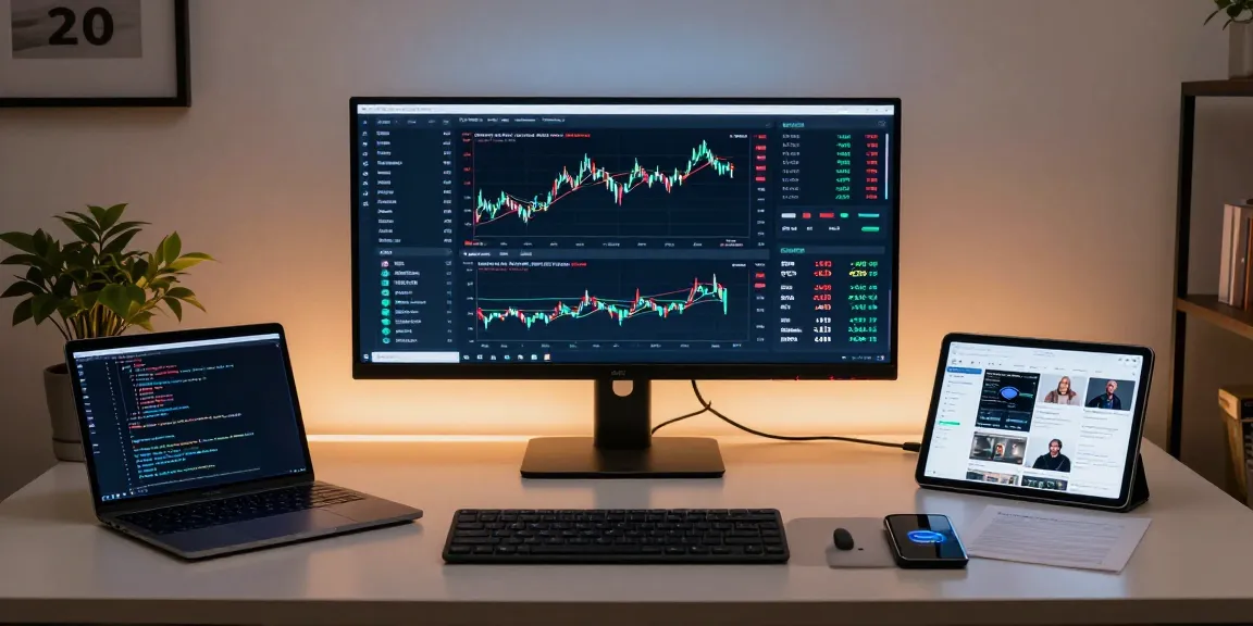 XXKK Exchange trading setup with crypto charts, digital wallet, and DeFi dashboards in a sleek home office environment.